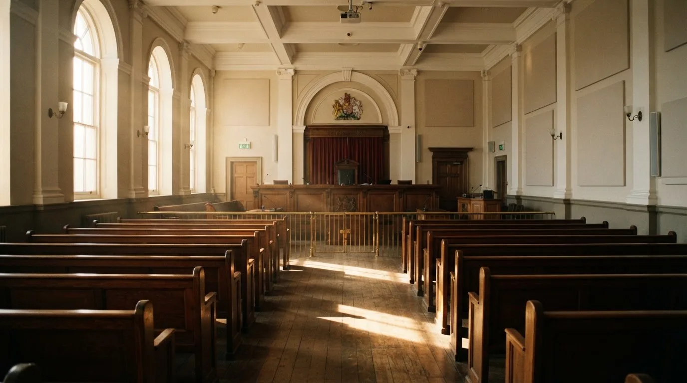 An empty courtroom with wooden benches in morning light