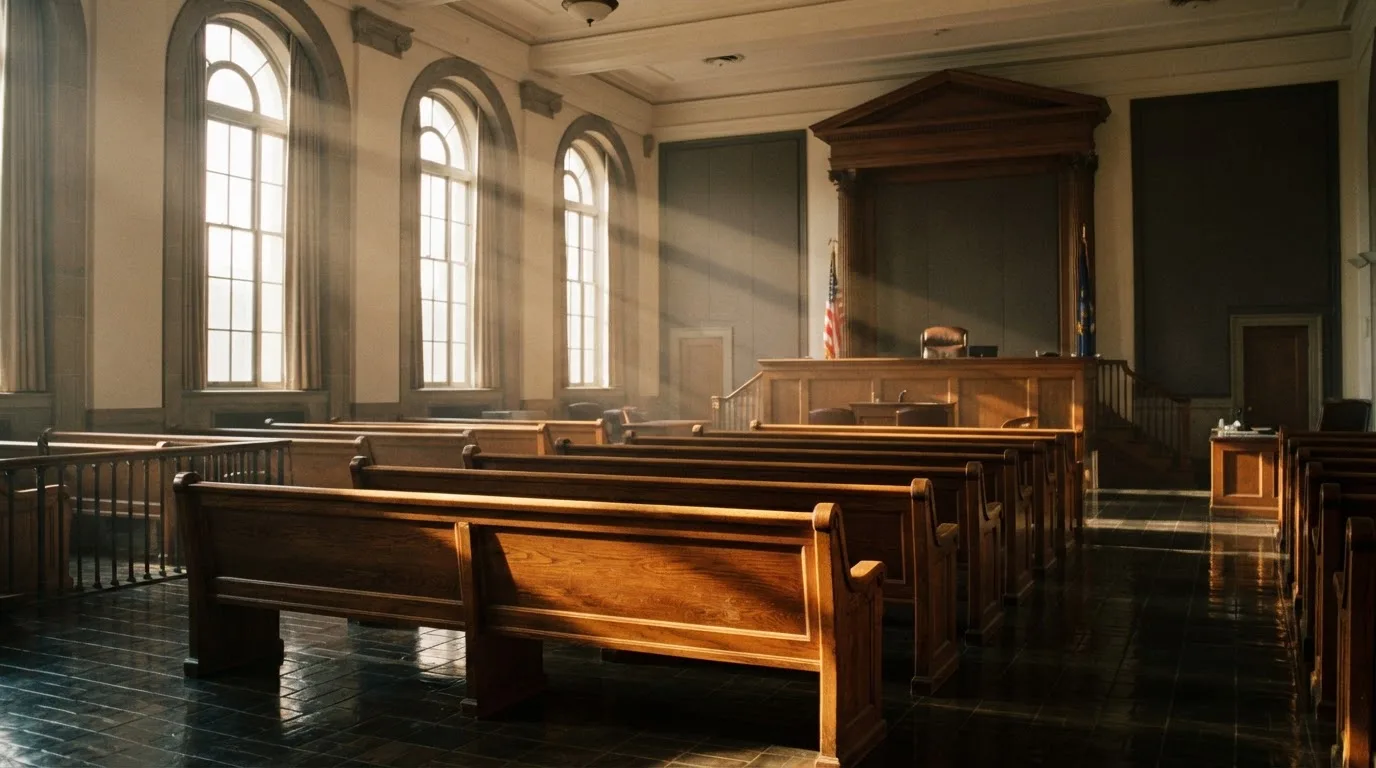 An empty courtroom with wooden benches in morning light