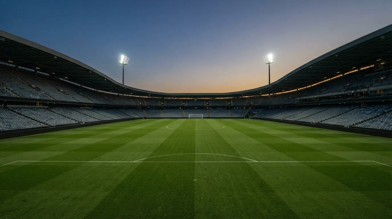 An empty football stadium with floodlight masts at dusk
