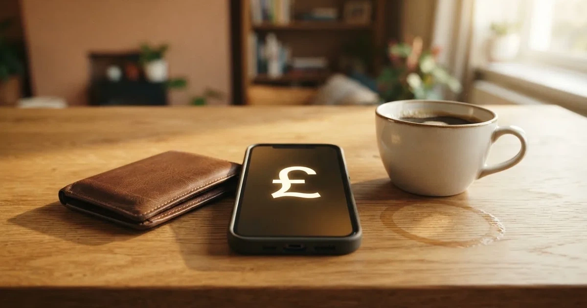 A smartphone on a wooden table beside a wallet and a coffee cup