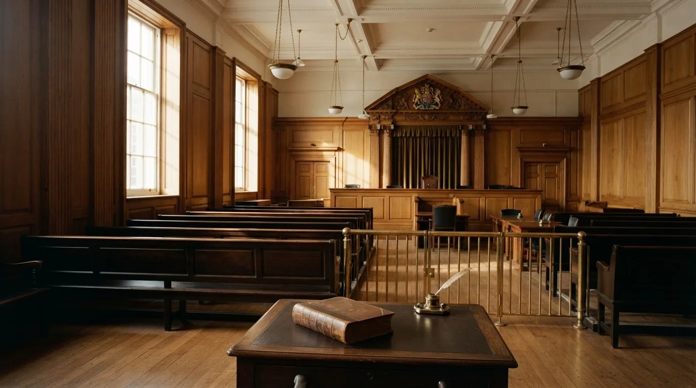 An empty courtroom with wooden benches in morning light