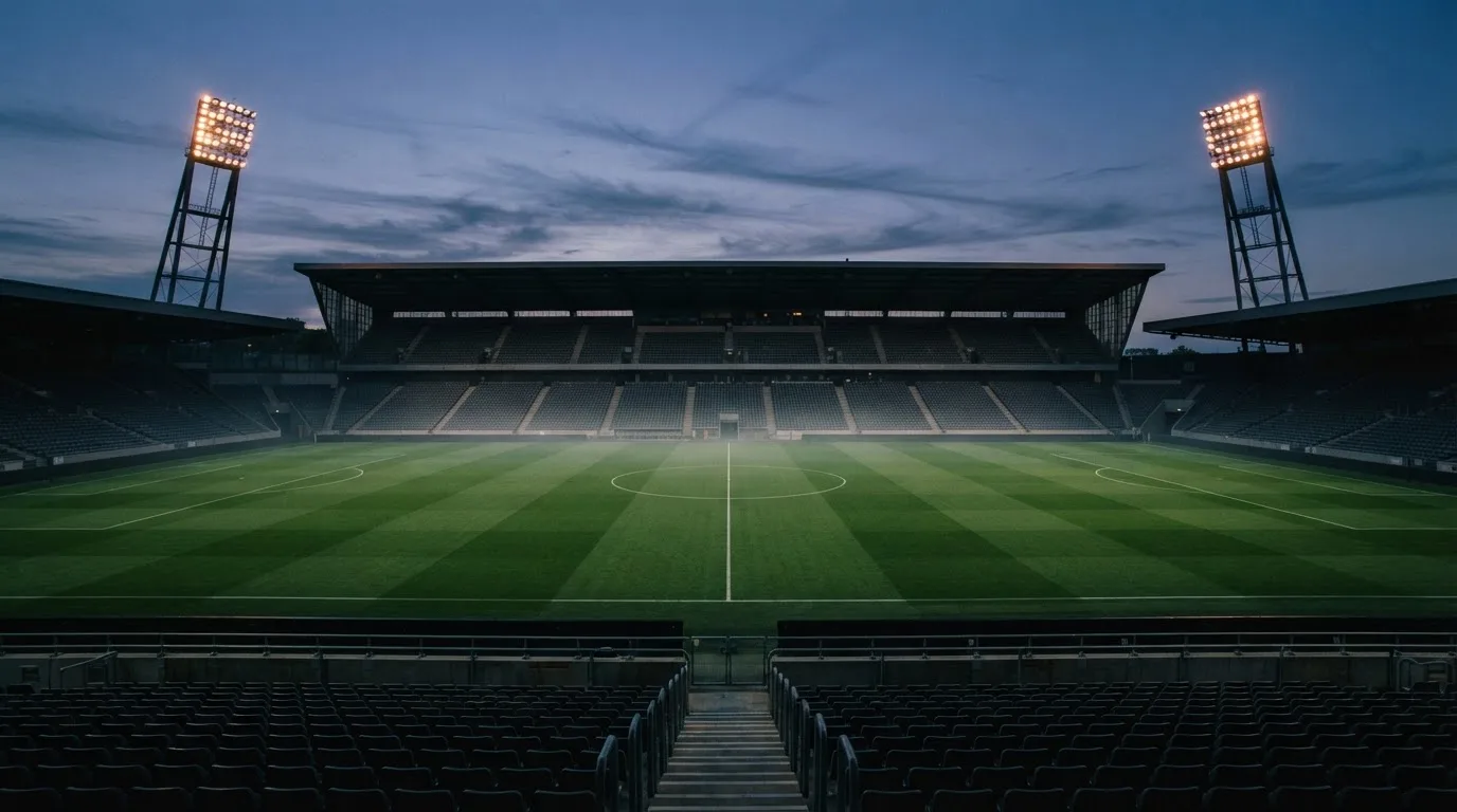 An empty football stadium with floodlight masts at dusk