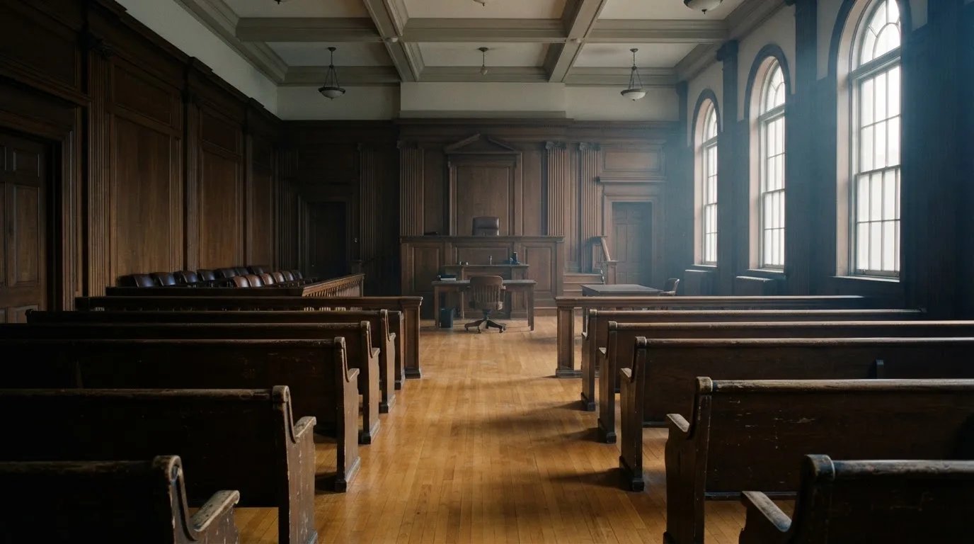 An empty courtroom with wooden benches in morning light
