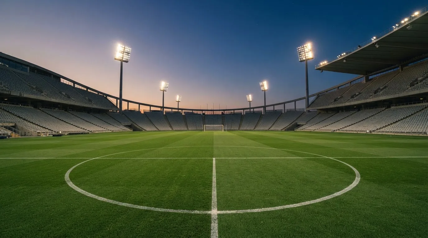 An empty football stadium with floodlight masts at dusk