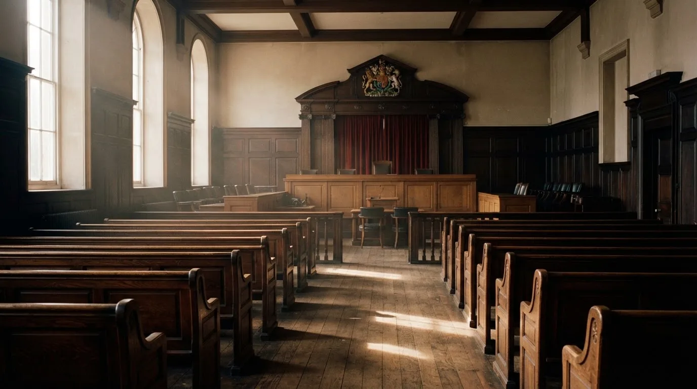 An empty courtroom with wooden benches in morning light