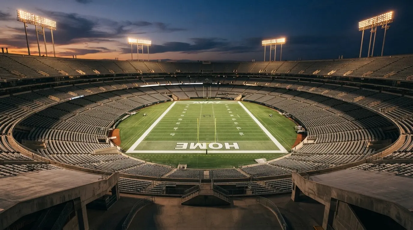 An empty football stadium with floodlight masts at dusk