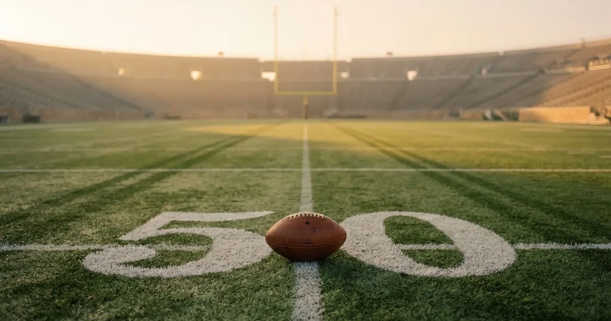 A ball on the centre spot of a grass pitch in morning light