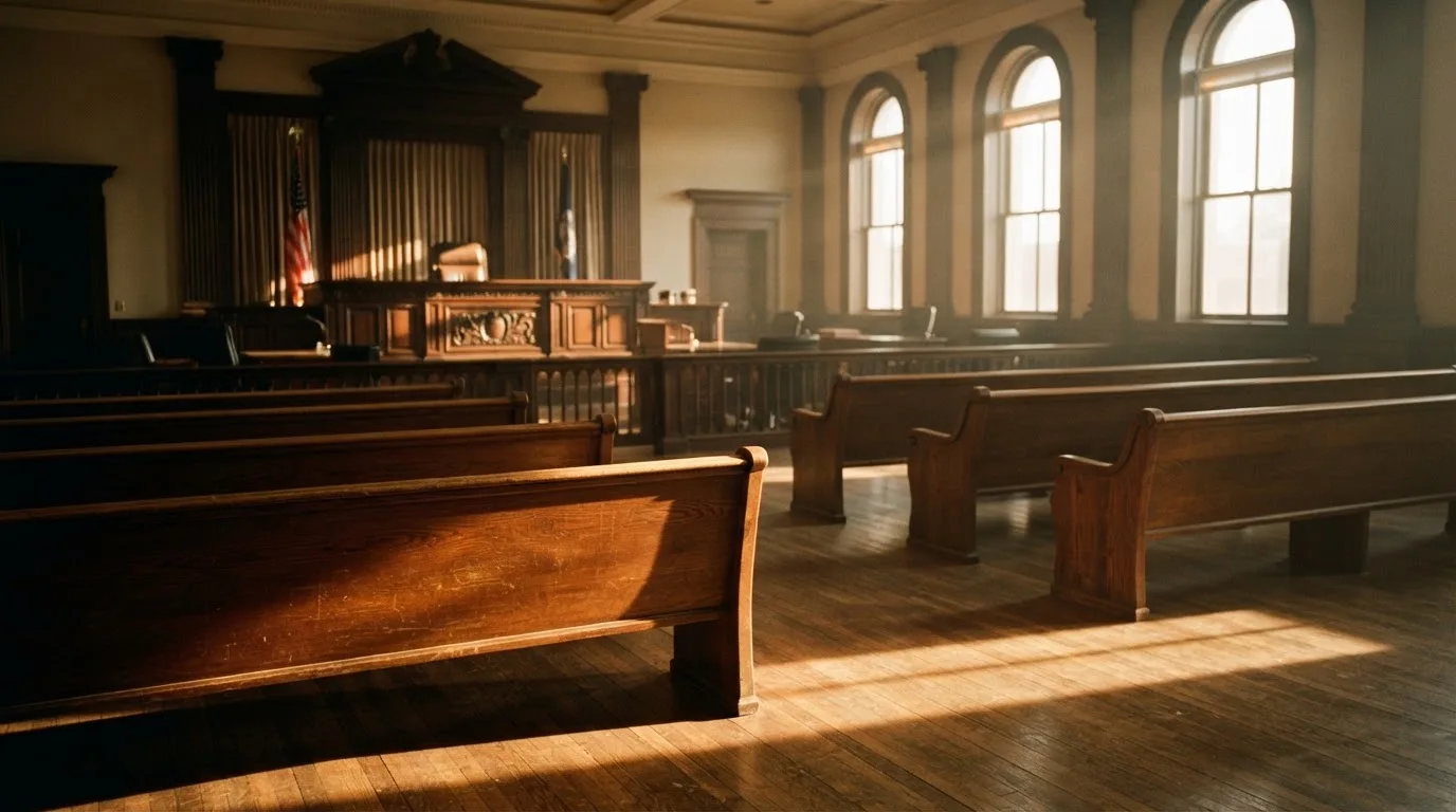 An empty courtroom with wooden benches in morning light
