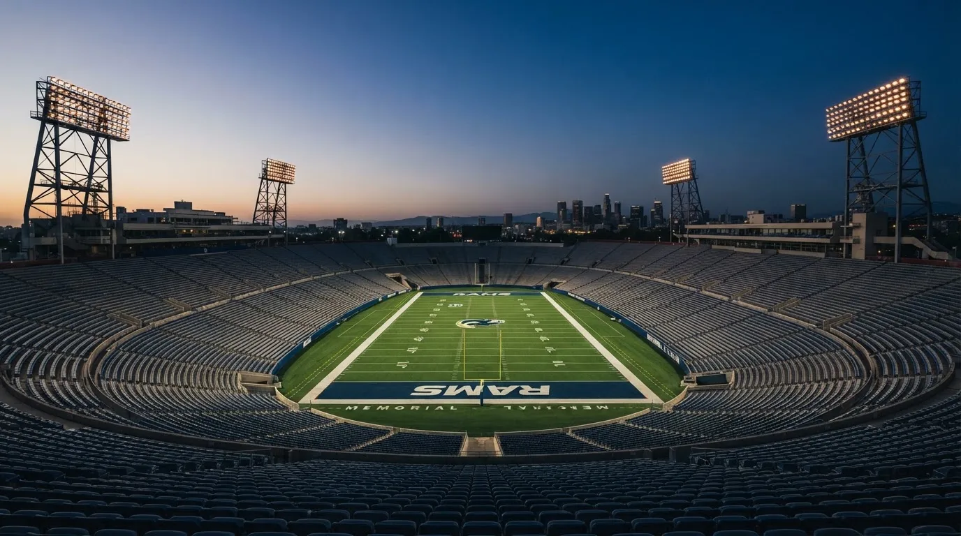 An empty football stadium with floodlight masts at dusk