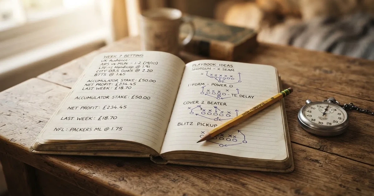 An open notebook with a pencil and a stopwatch on a wooden table