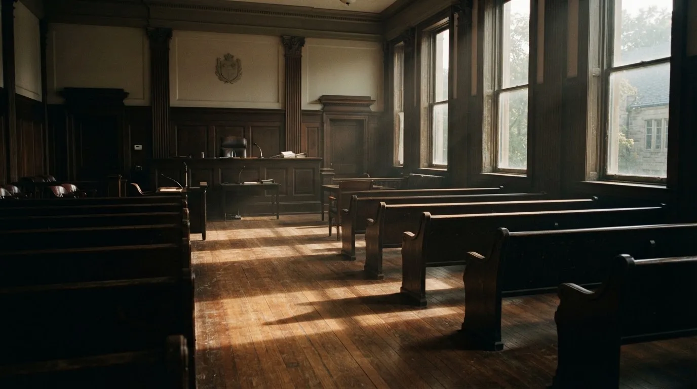 An empty courtroom with wooden benches in morning light