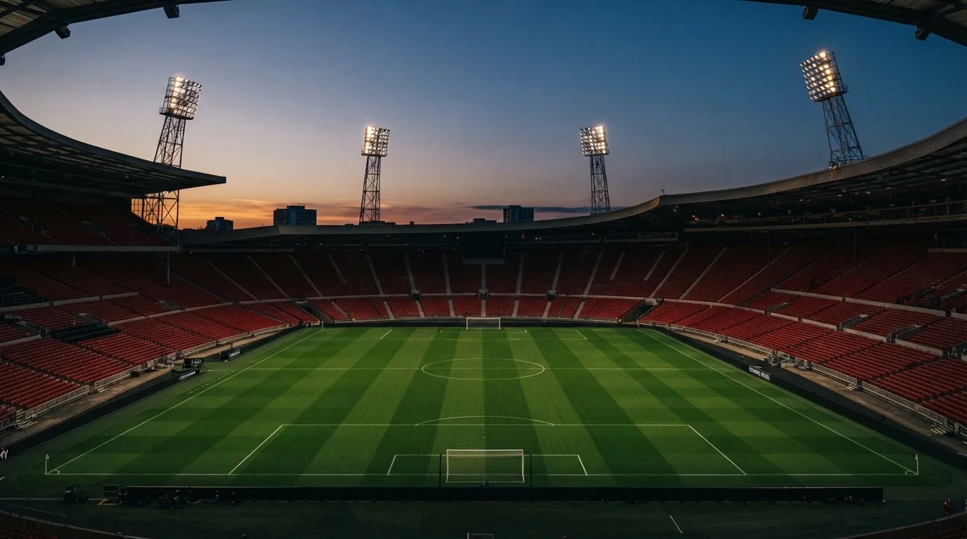 An empty football stadium with floodlight masts at dusk