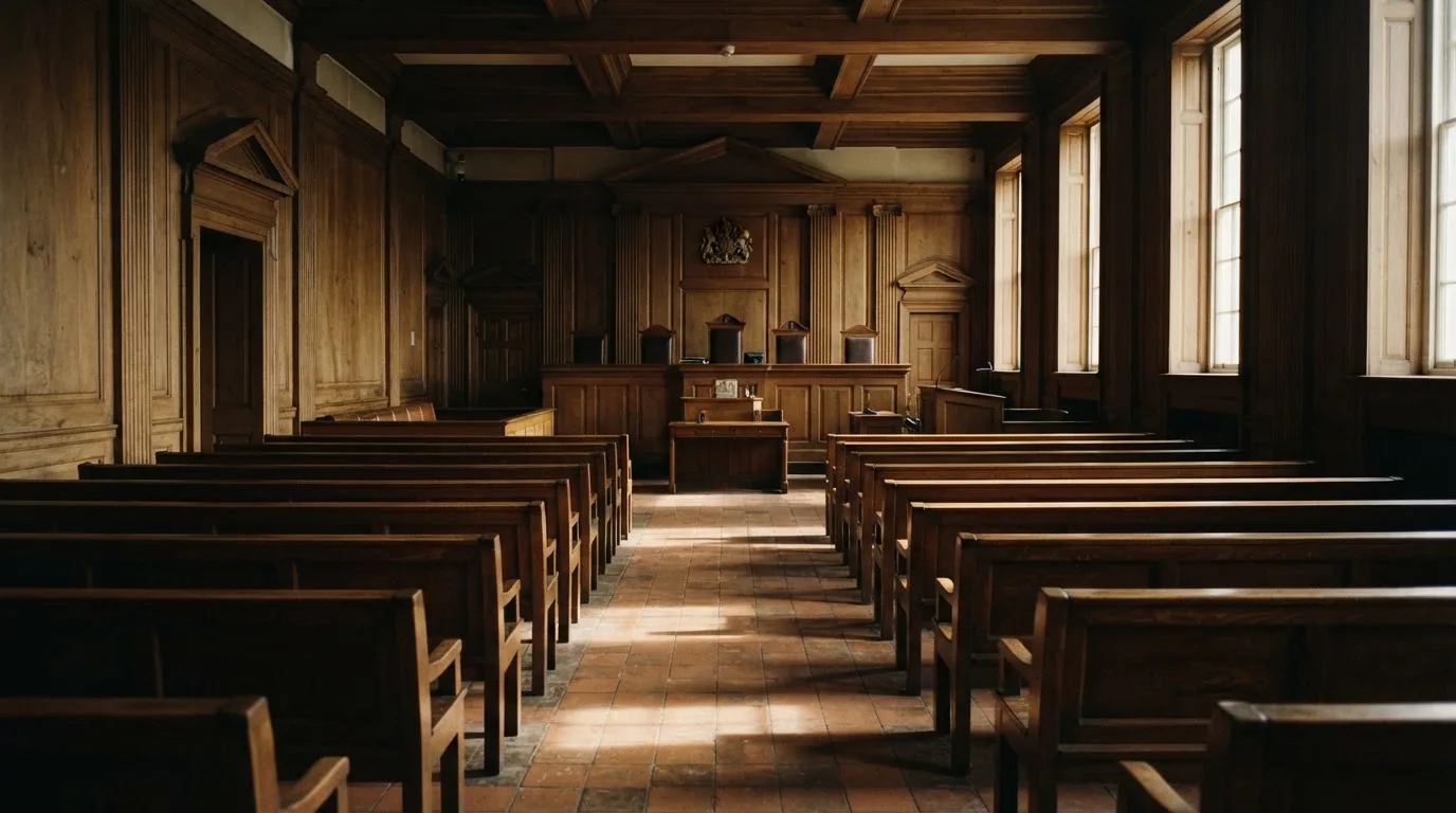 An empty courtroom with wooden benches in morning light