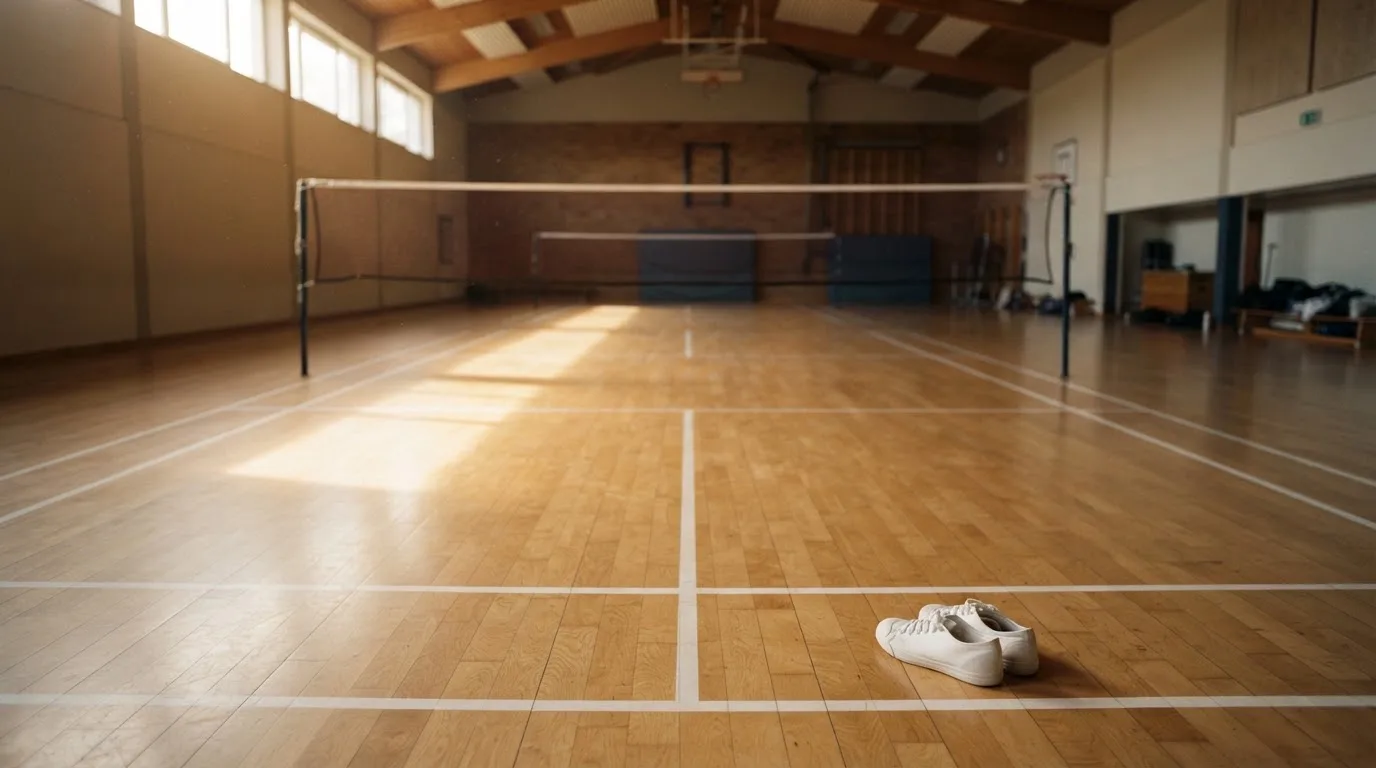 An empty courtroom with wooden benches in morning light