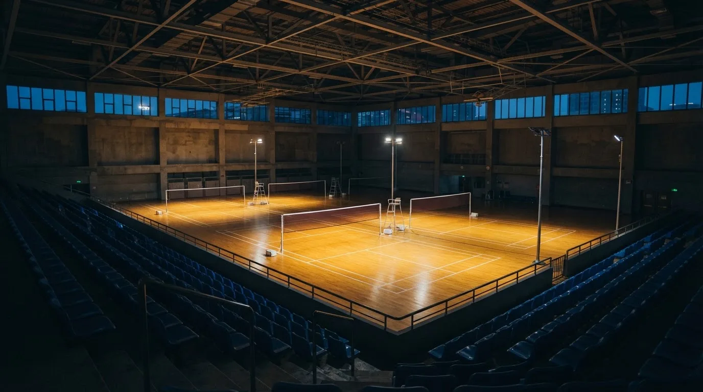 An empty football stadium with floodlight masts at dusk