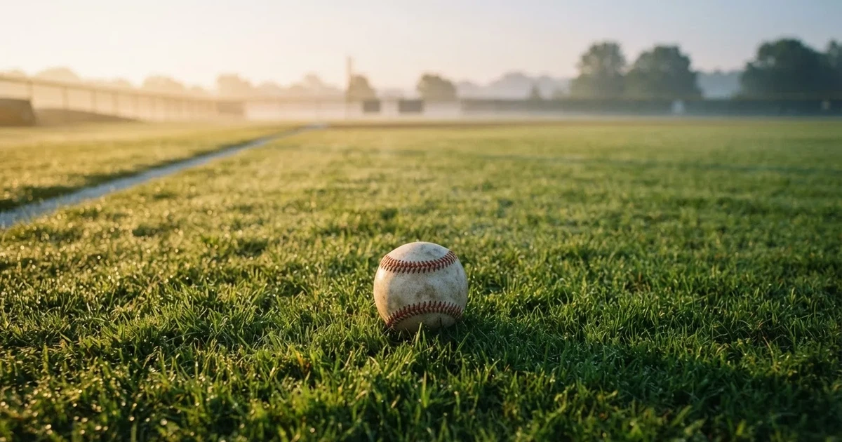 A ball on the centre spot of a grass pitch in morning light