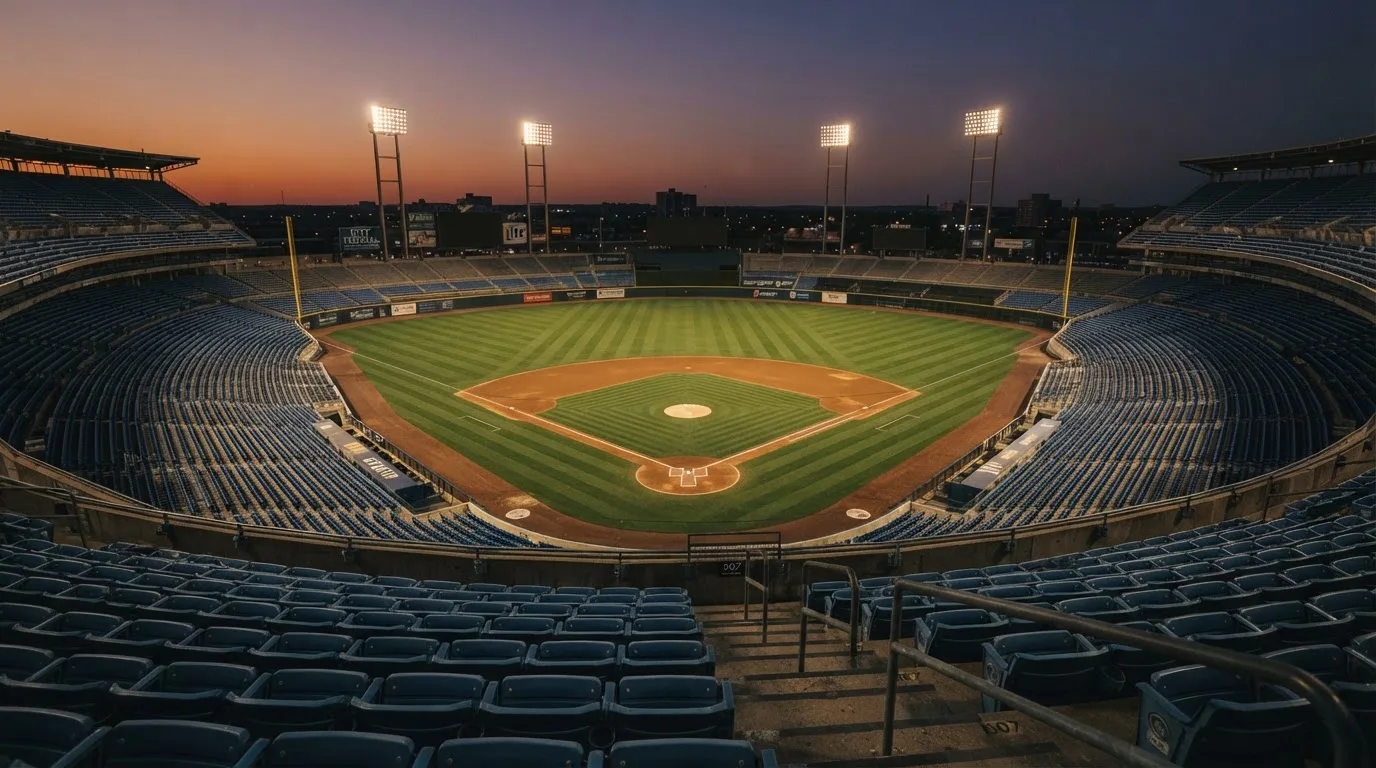 An empty football stadium with floodlight masts at dusk
