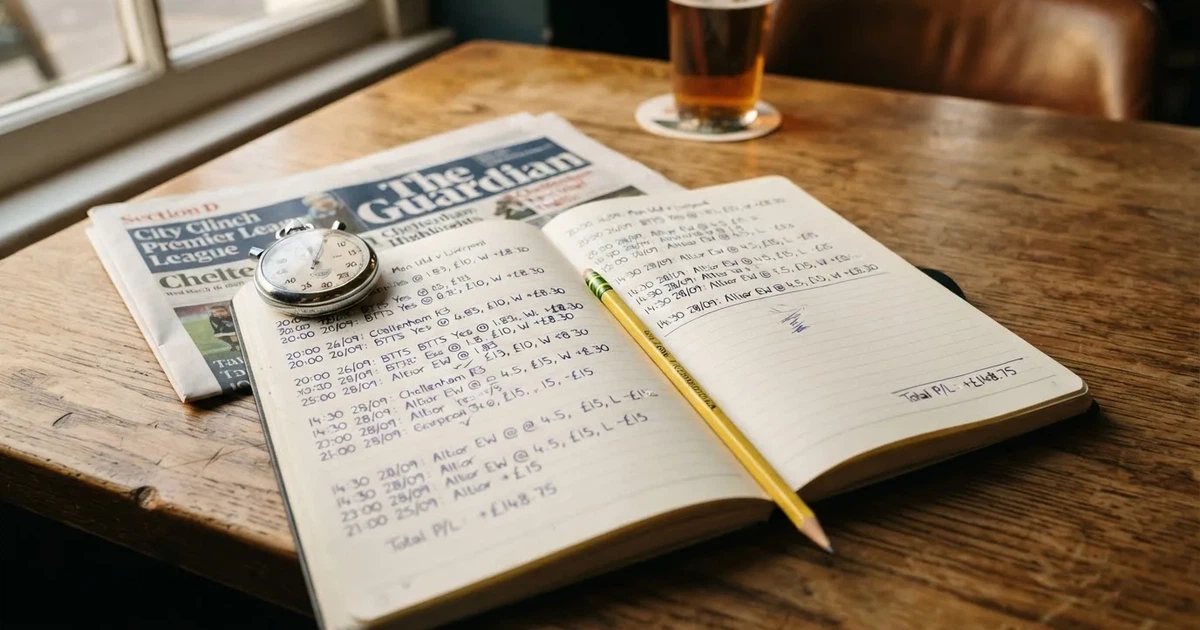 An open notebook with a pencil and a stopwatch on a wooden table