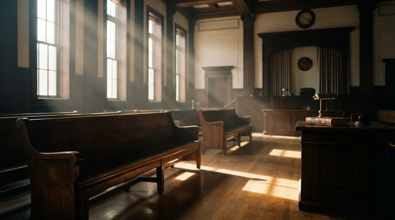 An empty courtroom with wooden benches in morning light