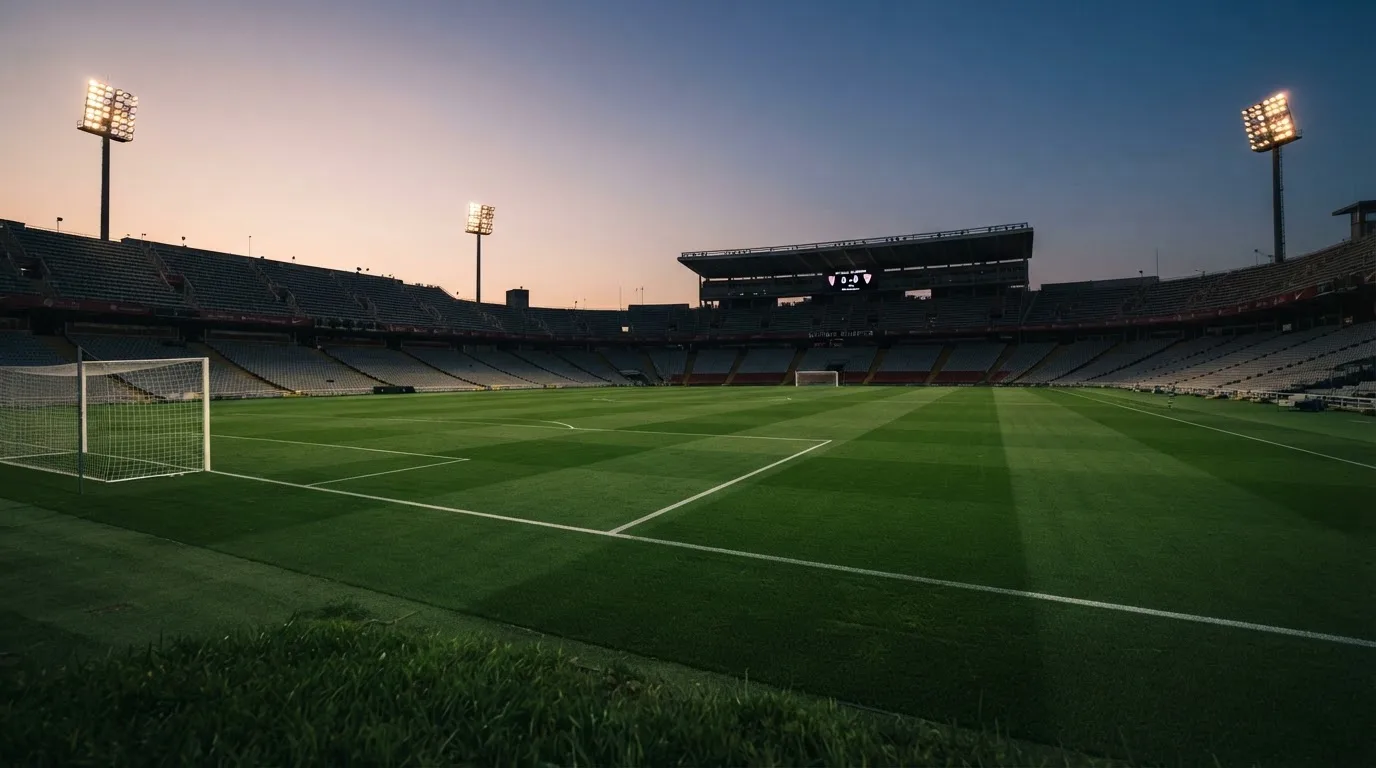 An empty football stadium with floodlight masts at dusk