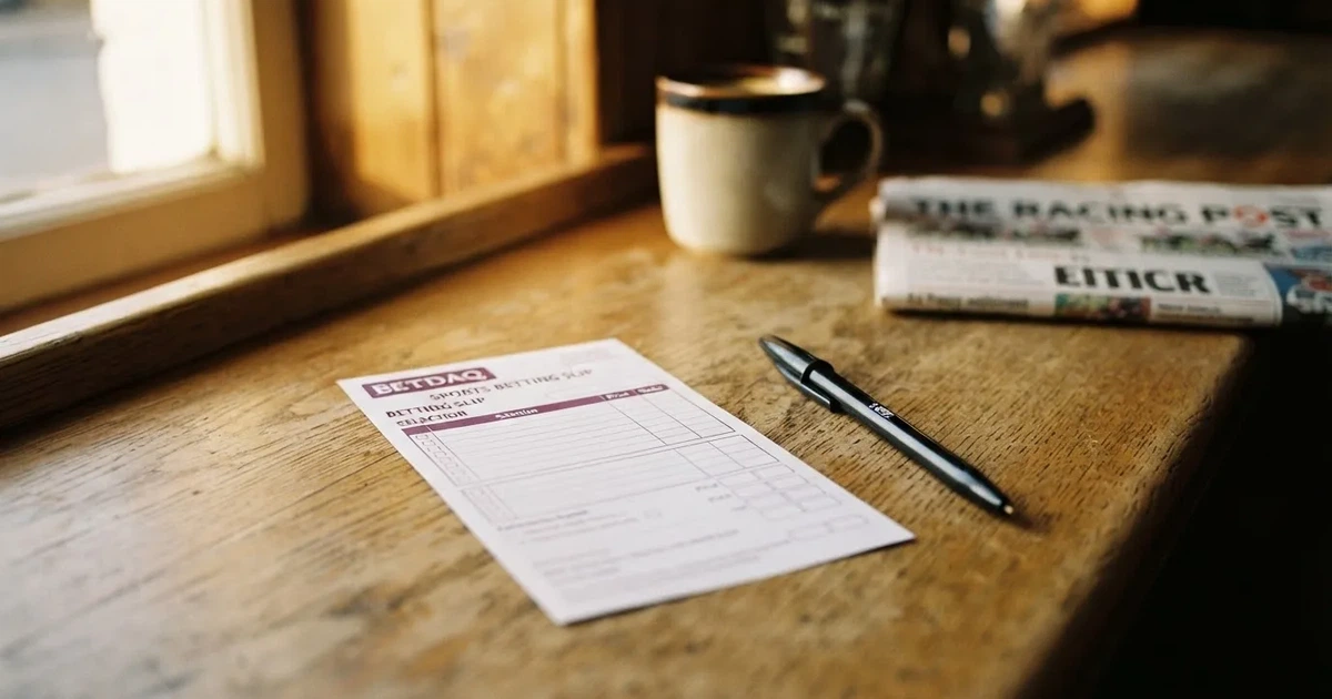 A blank paper betting slip beside a pen on a wooden counter