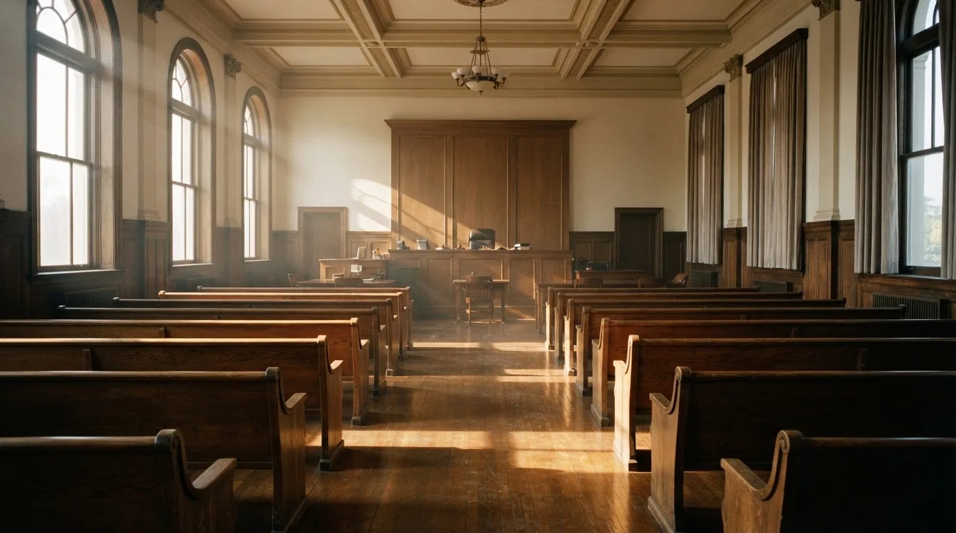 An empty courtroom with wooden benches in morning light