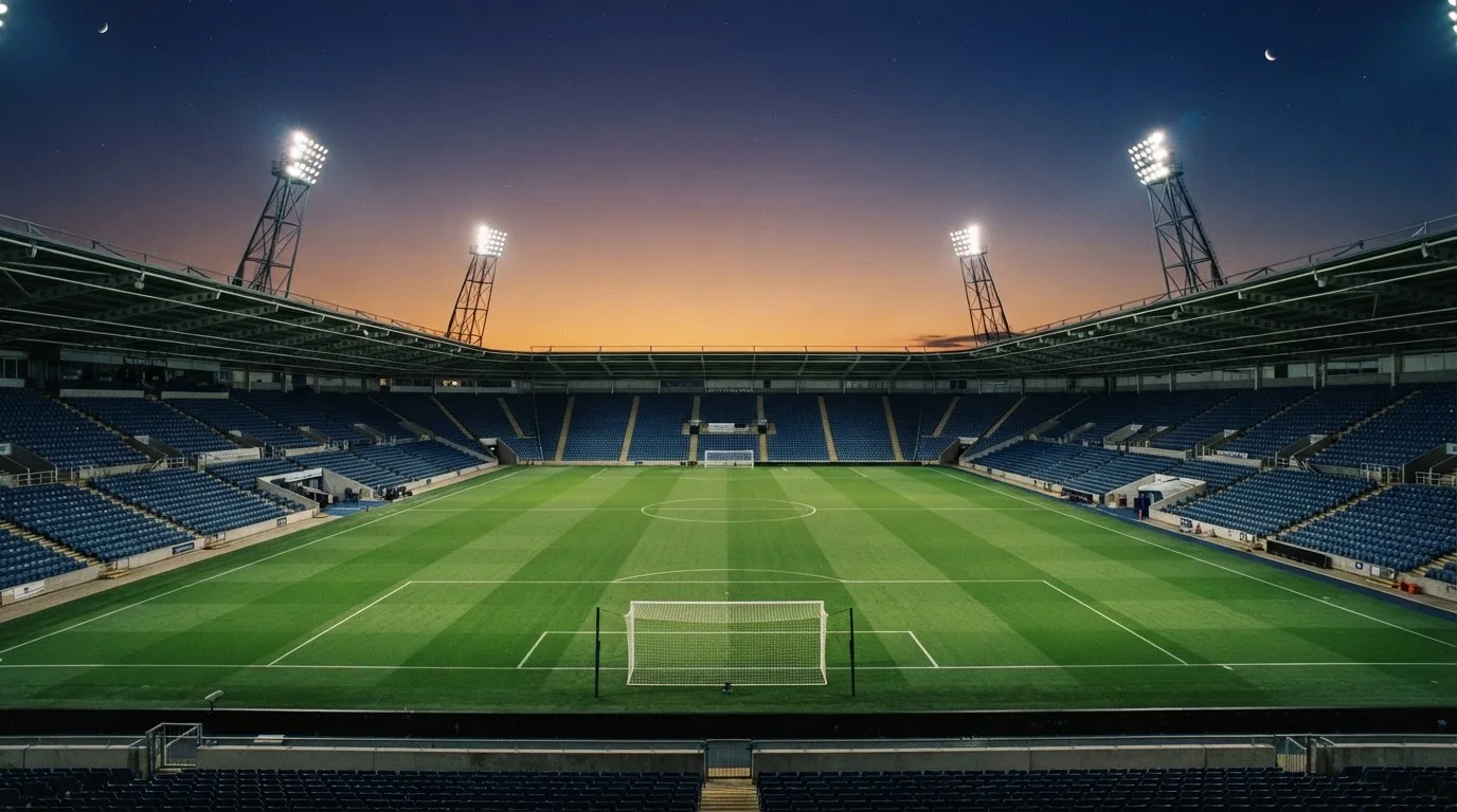 An empty football stadium with floodlight masts at dusk