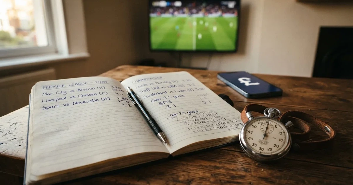 An open notebook with a pencil and a stopwatch on a wooden table