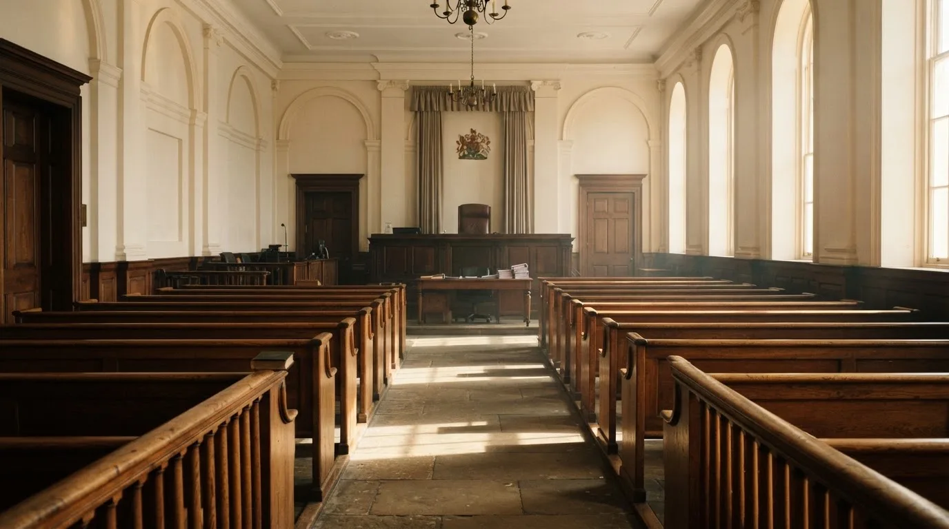 An empty courtroom with wooden benches in morning light
