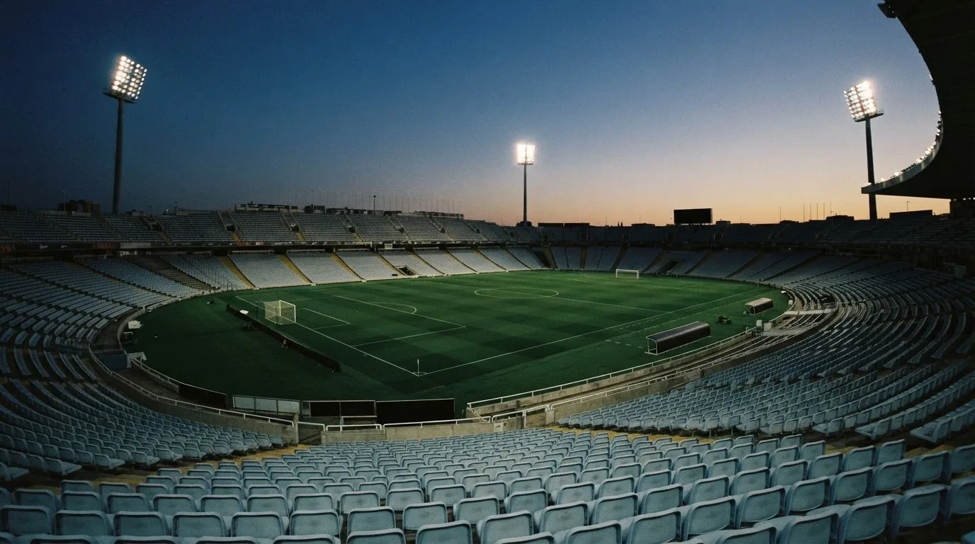 An empty football stadium with floodlight masts at dusk