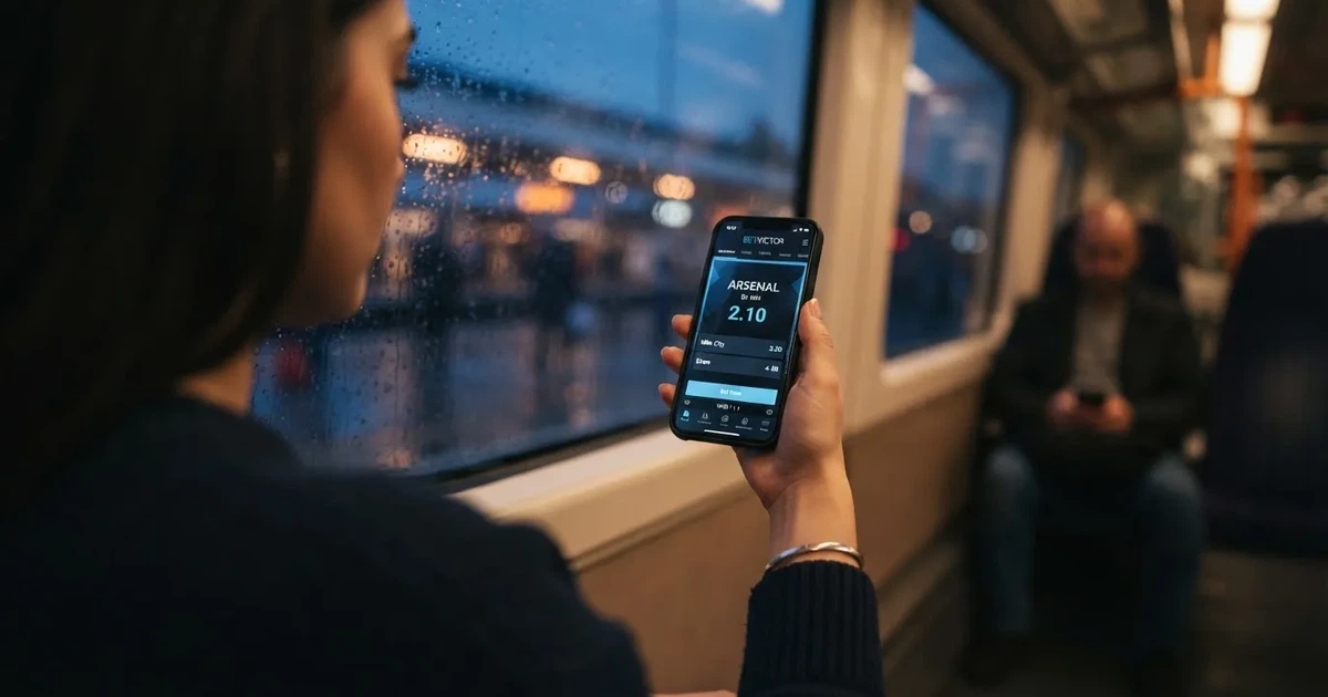 A hand holding a smartphone on a train in the evening, screen turned away