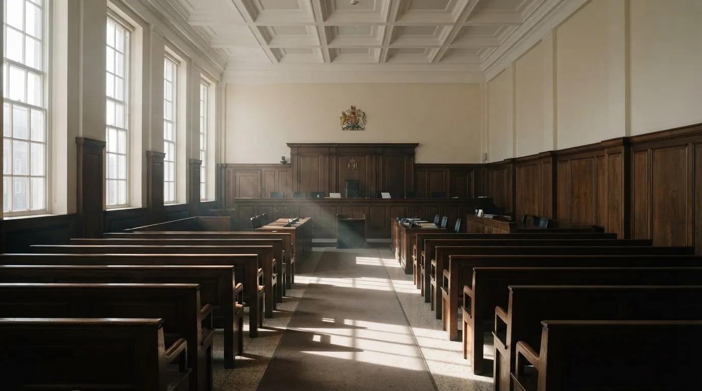An empty courtroom with wooden benches in morning light