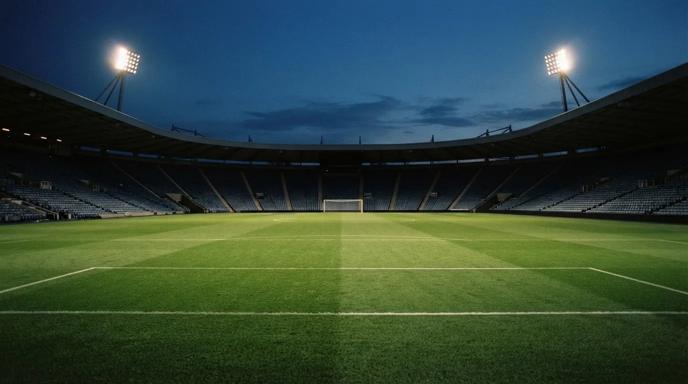 An empty football stadium with floodlight masts at dusk