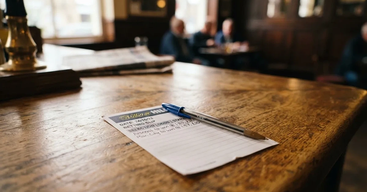 A blank paper betting slip beside a pen on a wooden counter