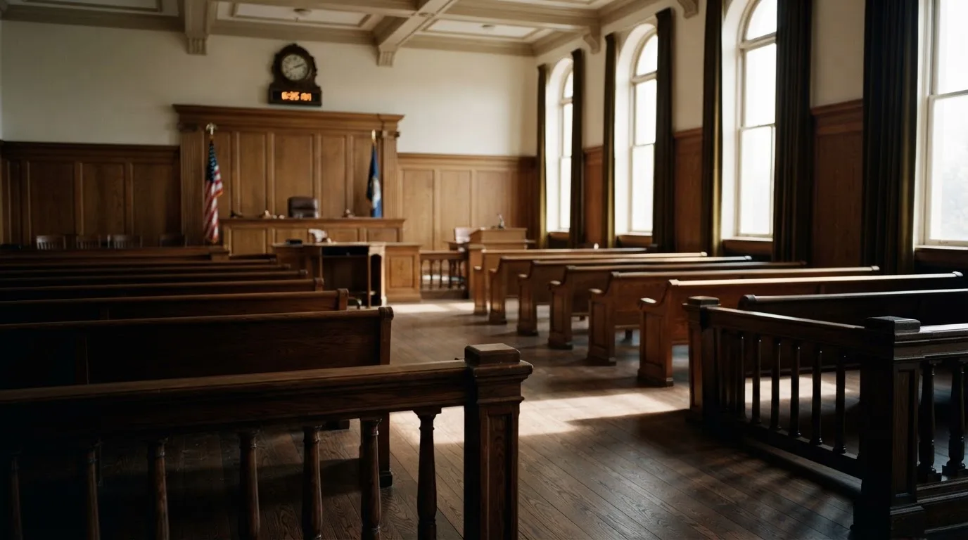 An empty courtroom with wooden benches in morning light
