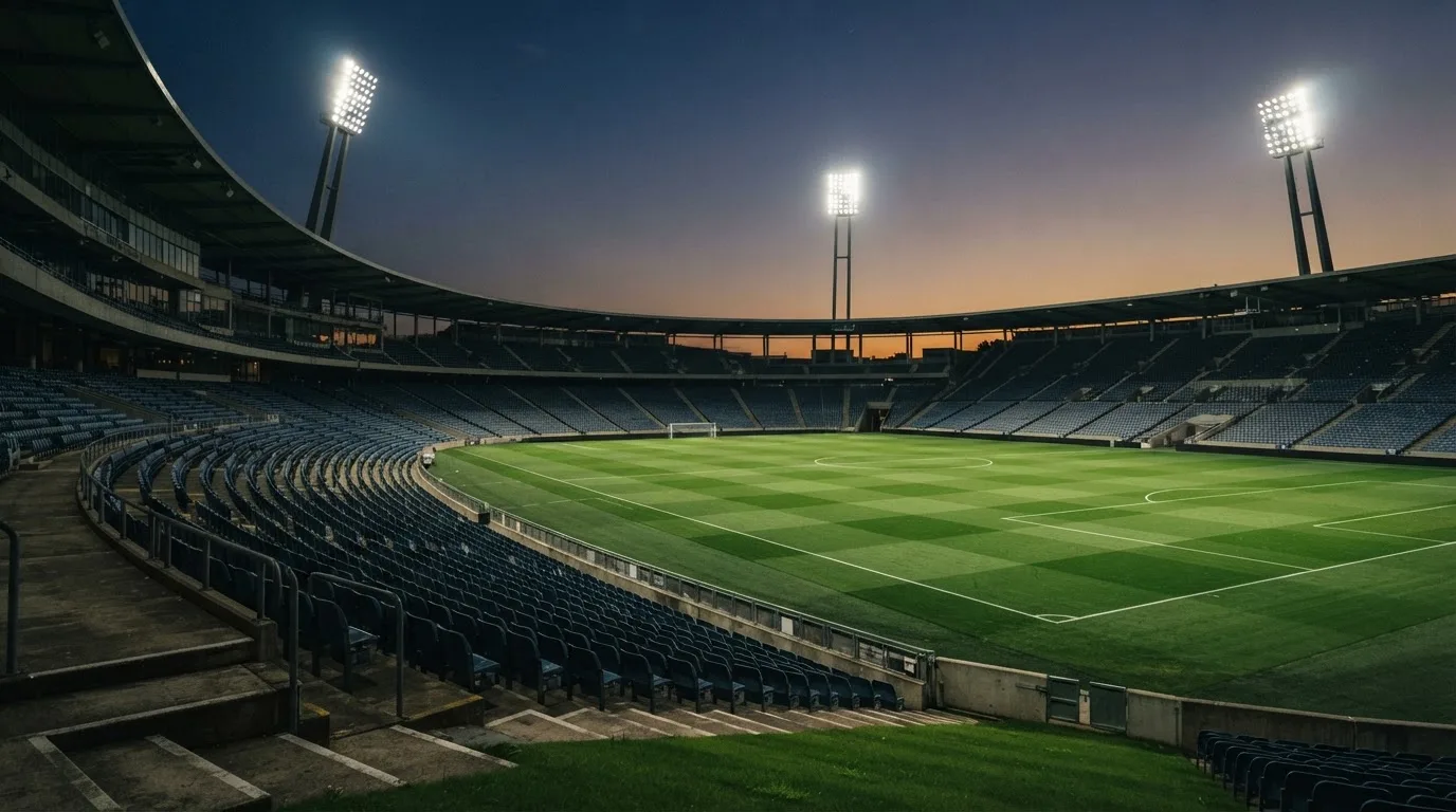 An empty football stadium with floodlight masts at dusk