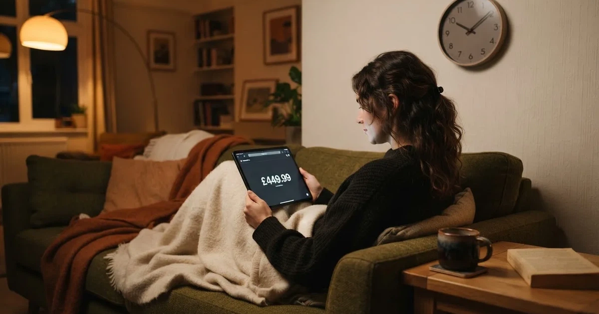 A person on a sofa looking thoughtfully at a tablet, a wall clock in the background