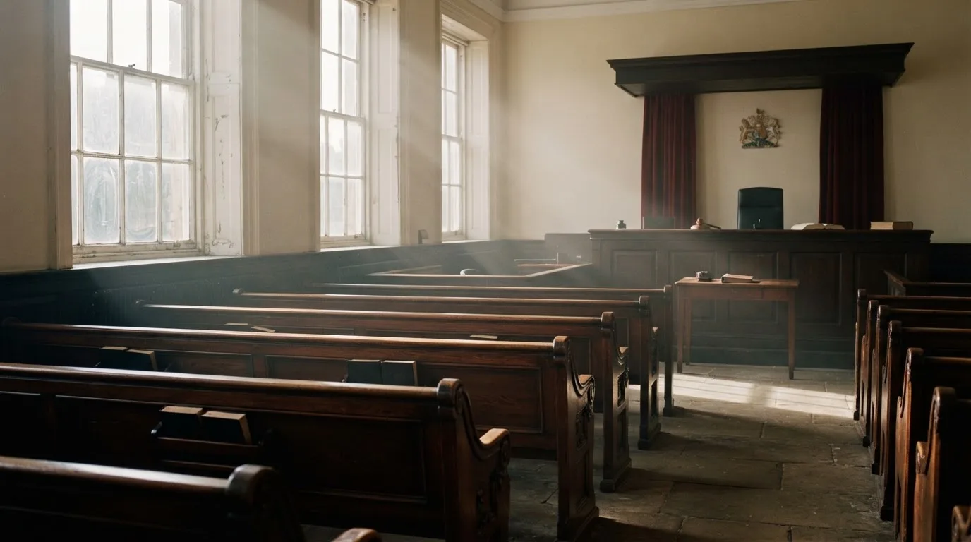 An empty courtroom with wooden benches in morning light