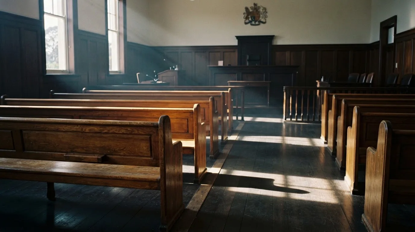 An empty courtroom with wooden benches in morning light