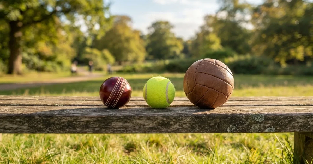 Three balls of different kinds side by side on a wooden bench