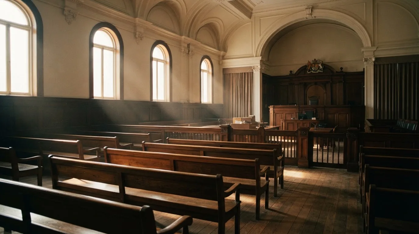 An empty courtroom with wooden benches in morning light