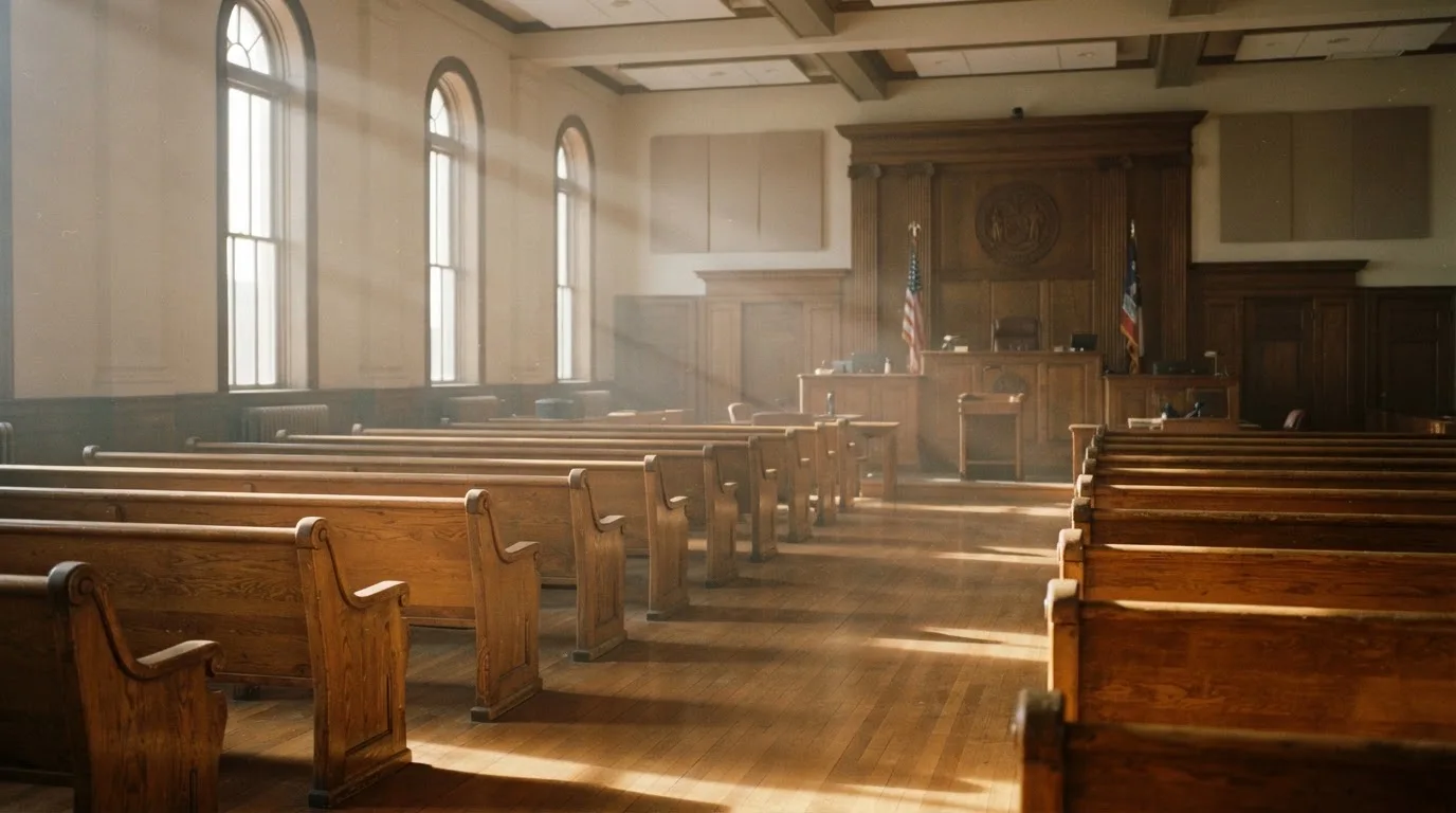 An empty courtroom with wooden benches in morning light