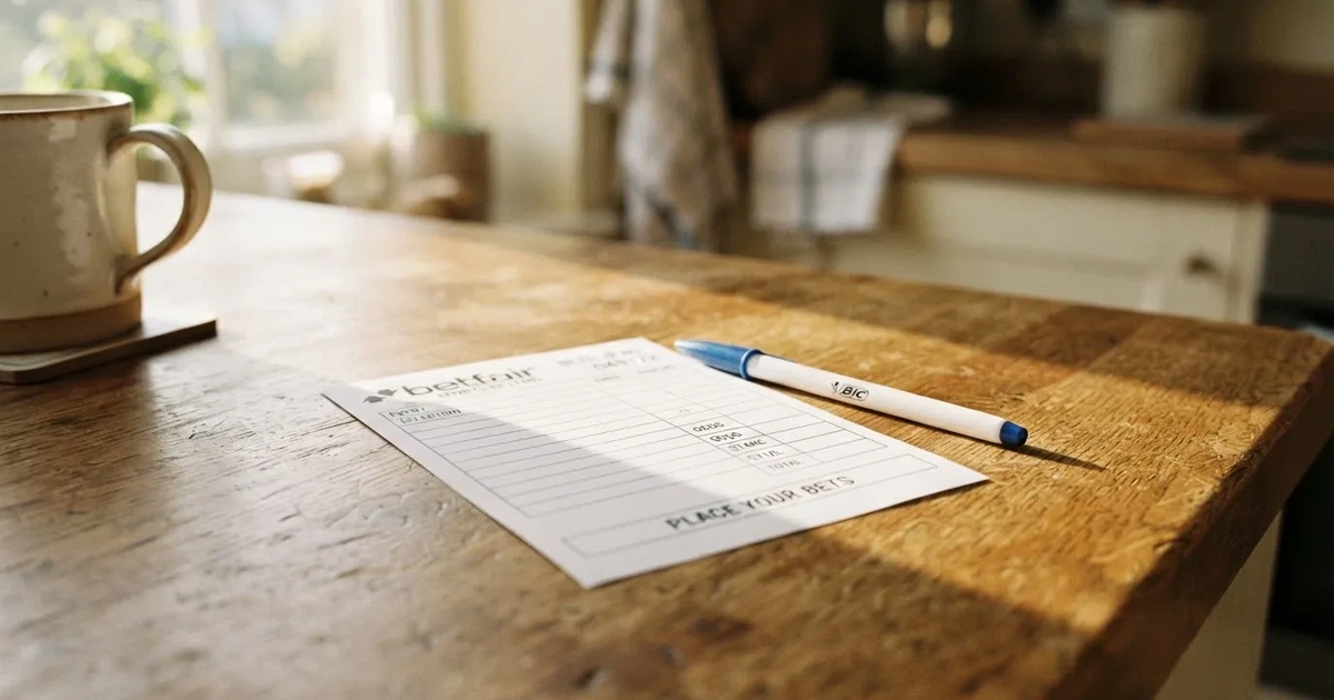A blank paper betting slip beside a pen on a wooden counter