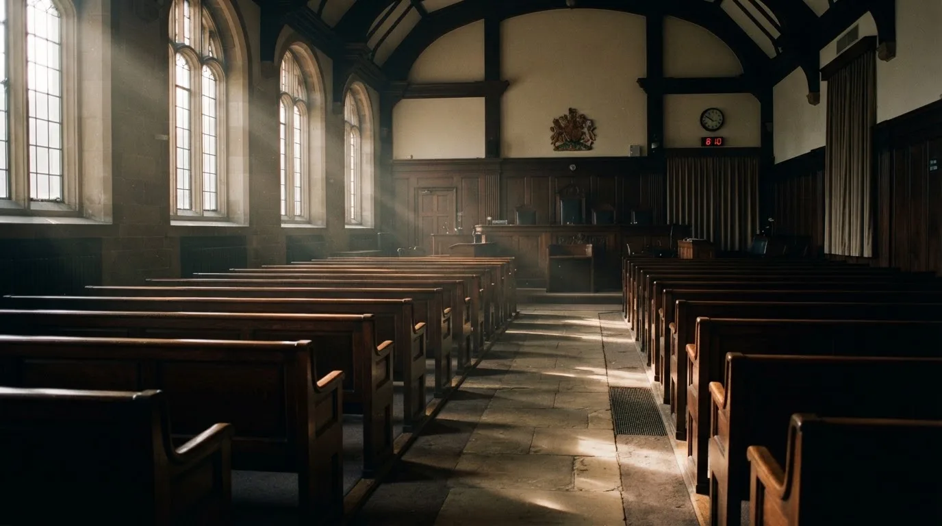 An empty courtroom with wooden benches in morning light