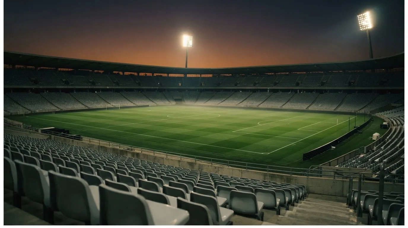 An empty football stadium with floodlight masts at dusk
