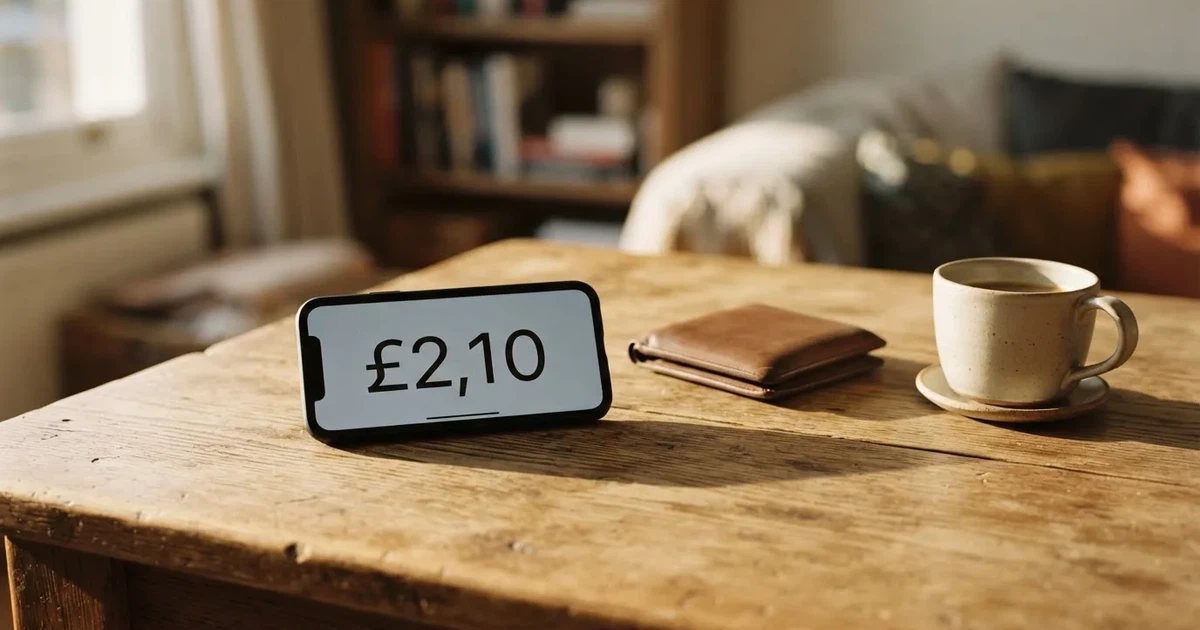 A smartphone on a wooden table beside a wallet and a coffee cup