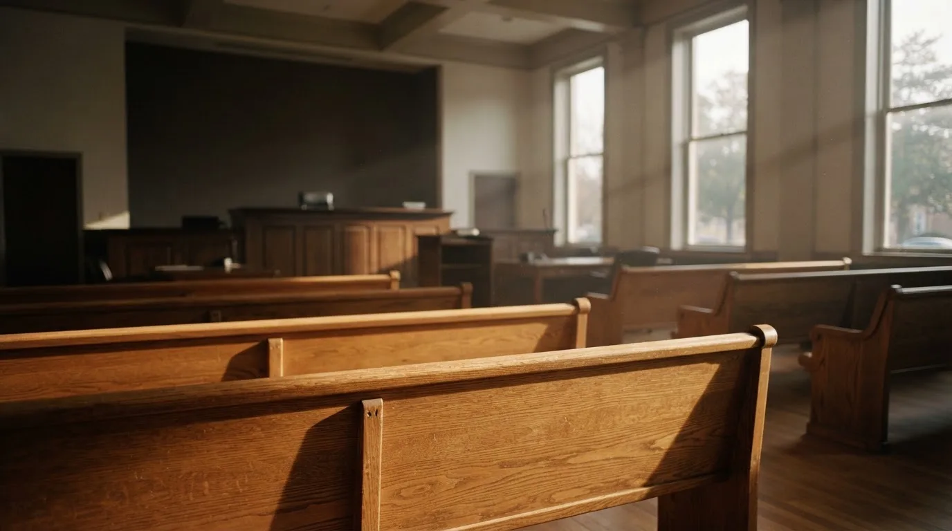 An empty courtroom with wooden benches in morning light