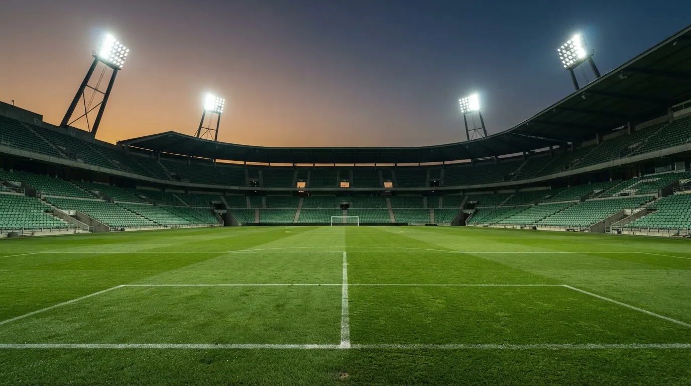 An empty football stadium with floodlight masts at dusk