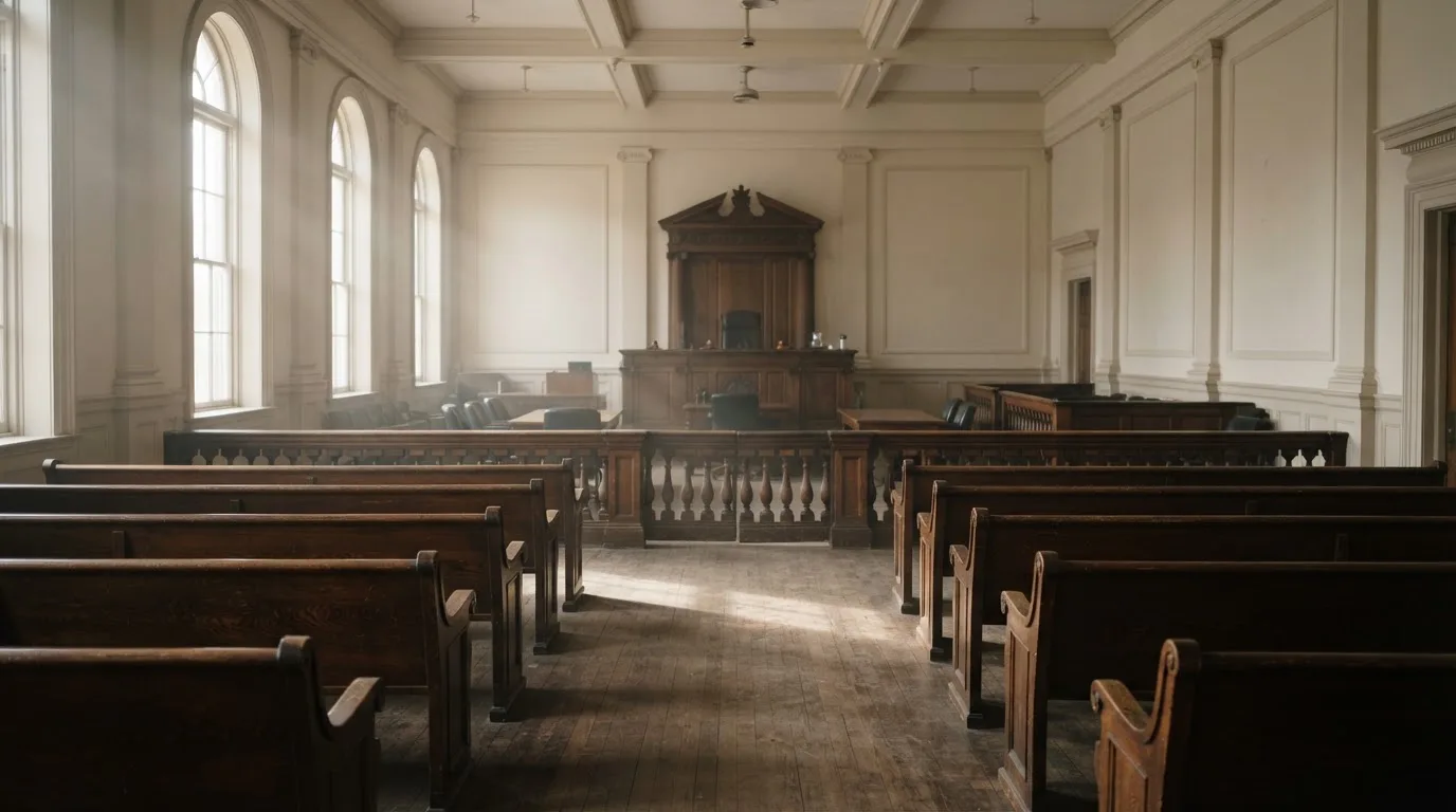 An empty courtroom with wooden benches in morning light