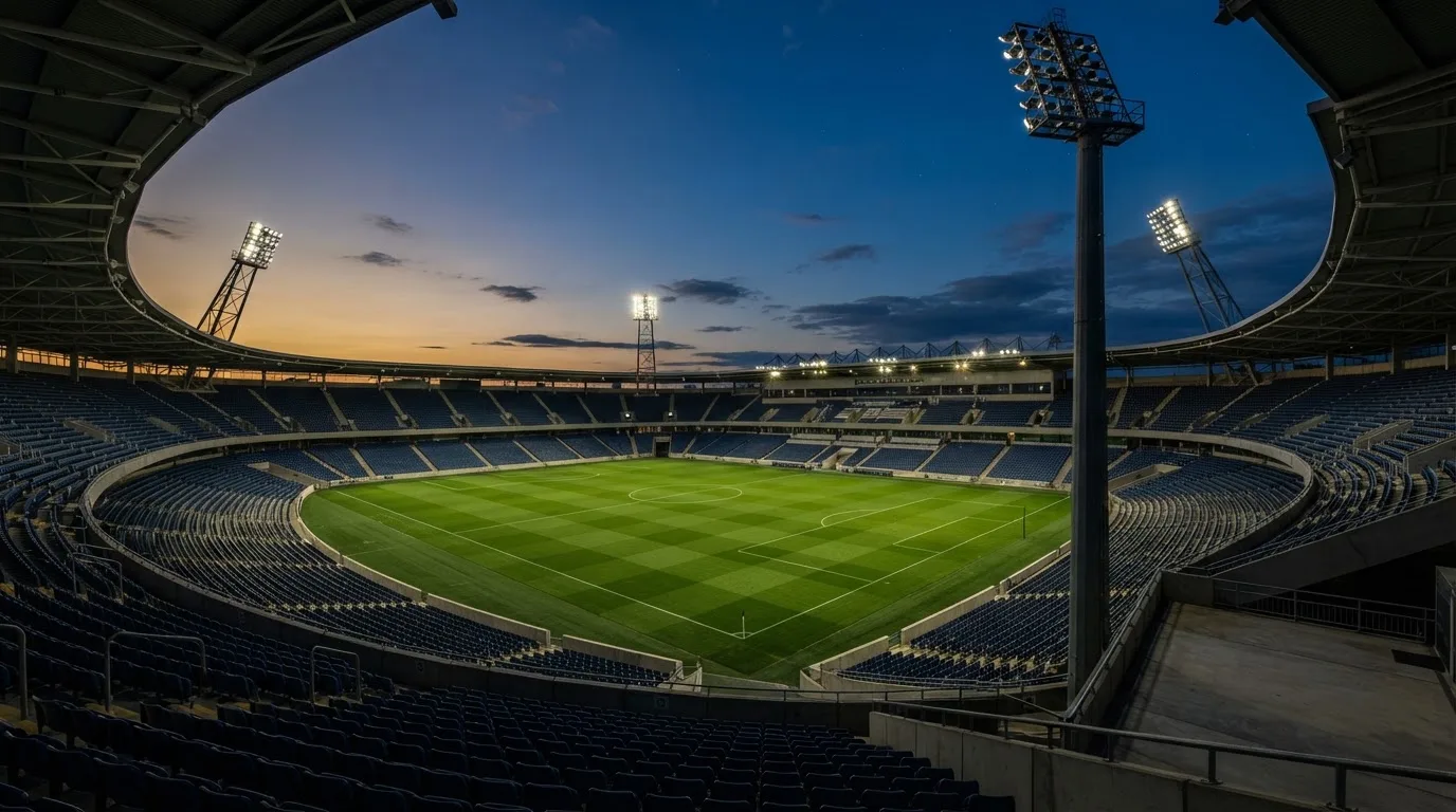 An empty football stadium with floodlight masts at dusk